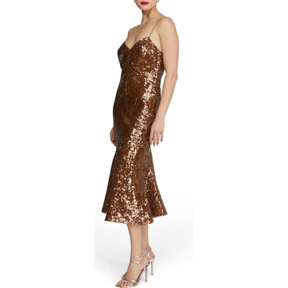 HALSTON Yvonne brown Sequin Sleeveless Midi Dress size 4 NWOT